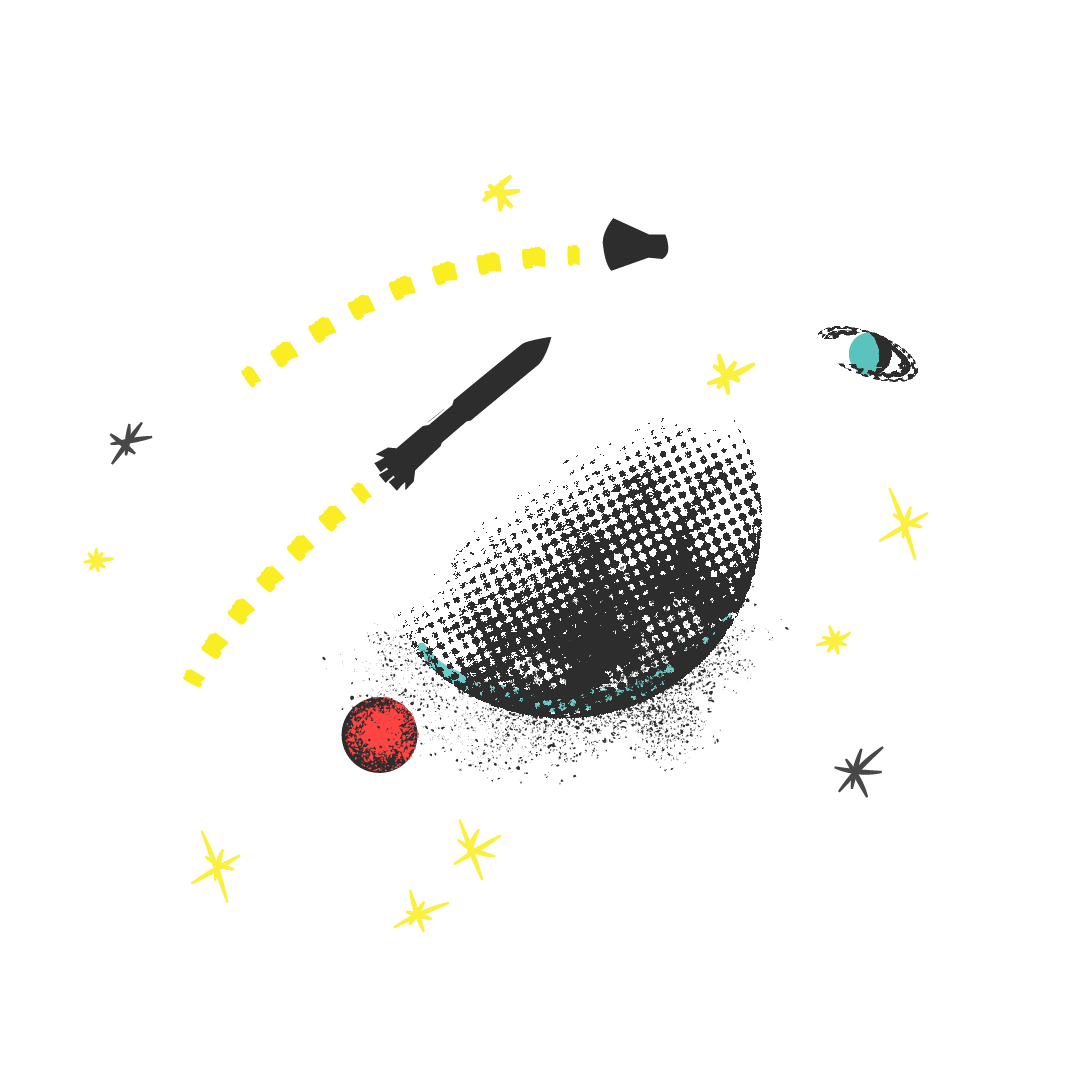 Abstract cosmic diagram with planned trajectories, symbolizing intentional exploration and knowledge building.