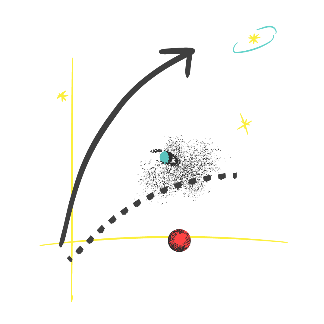 Path of particles transforming from scattered to focused, symbolizing rapid evolution.