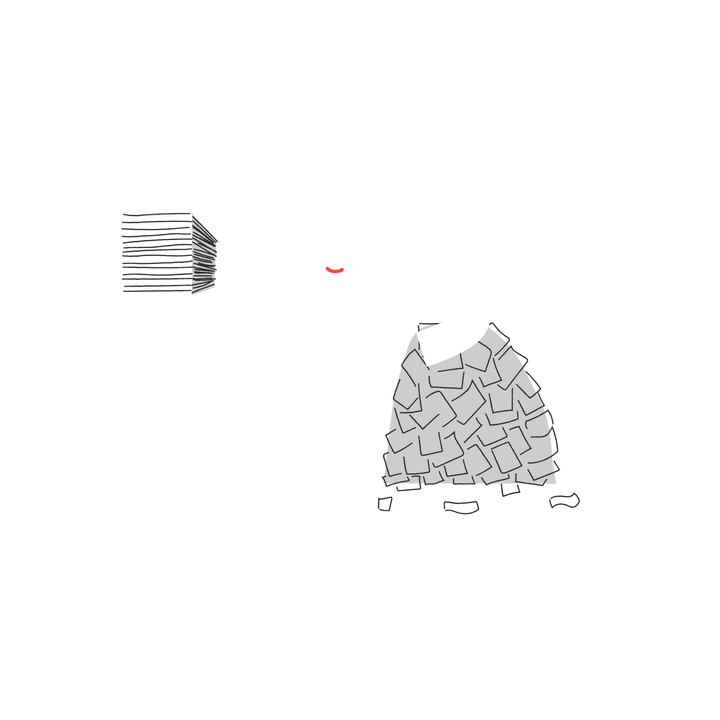 Yeti holding an organized pile of paper, leaning on a messy pile of paper.