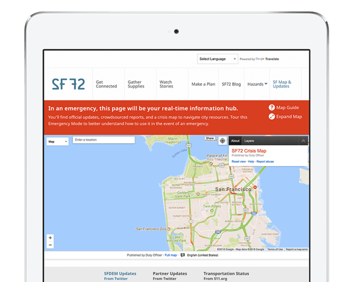 Computer tablet displaying the sf72.org website. On the website a map and a red alert can be seen.